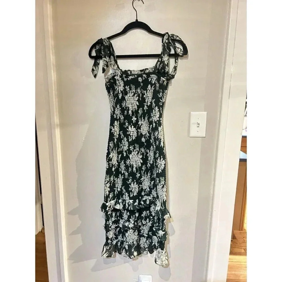 Abercrombie Size S Green Tie-Strap Floral Smocked Midi Dress - Picture 6 of 10